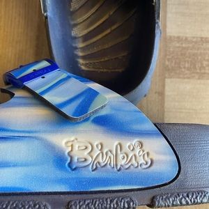 Berkies by Berkenstock tie dye look blue with white.